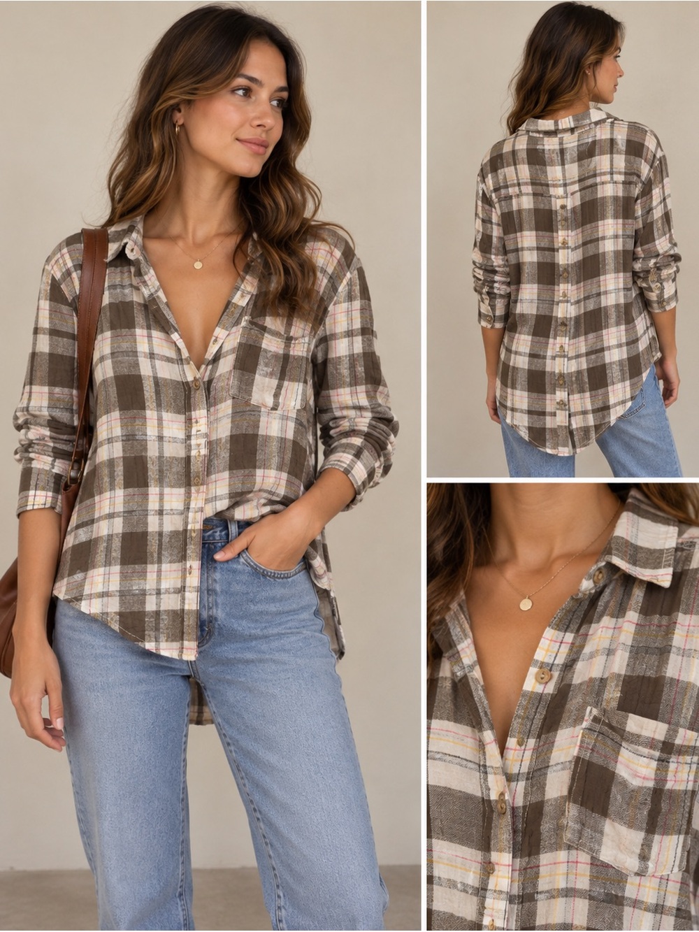 Anthropologie Plaid Button Back Flannel Long Sleeve Blouse Green Size Medium